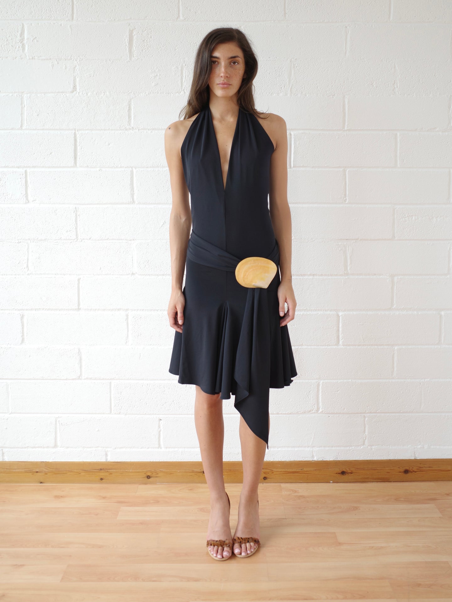 The Recycled Spandex Shell Belt Midi Dress - Black