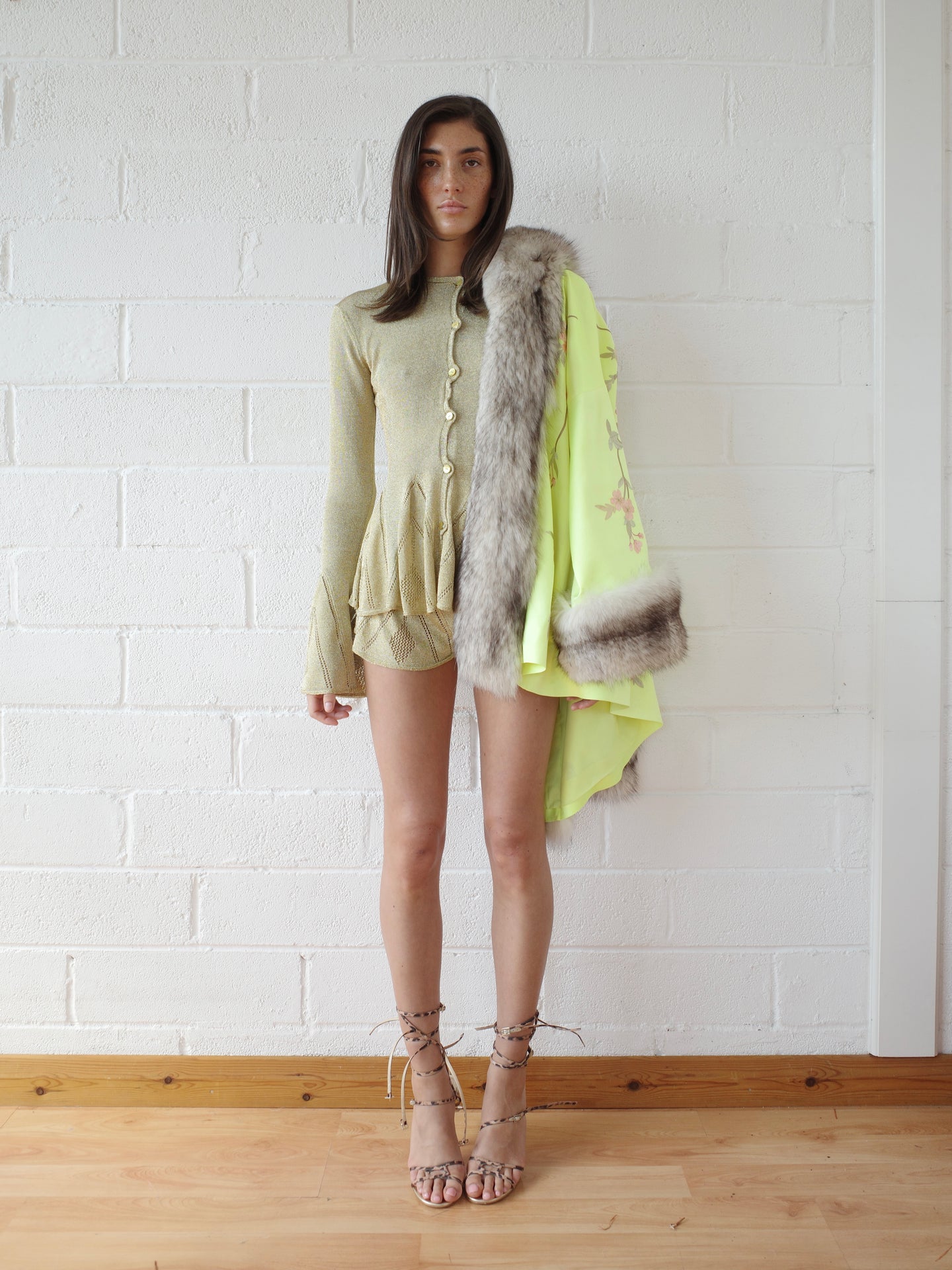 The Demi Couture Reconstituted Vintage Fur and Silk Robe - Neon Yellow