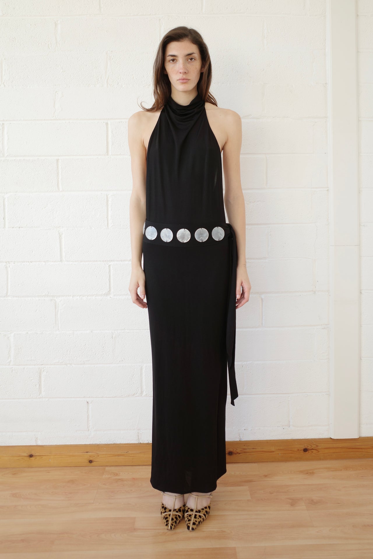 The Jersey Halter Maxi dress with Mother of Pearl Paillete Sash Belt