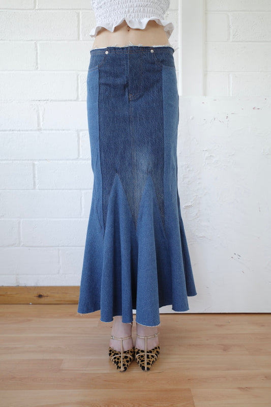 The Reconstituted Denim Godet Maxi Skirt