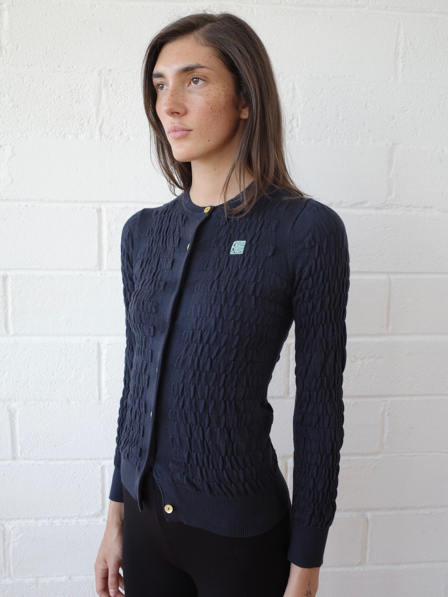 The Shirred Knit Cashmere Cardigan - Navy