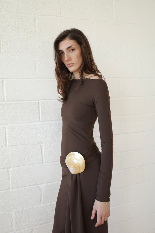 The Recycled Spandex Shell Belt Long Sleeve Dress - Brown