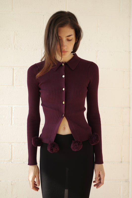 The Pom Pom Cardigan - Burgundy