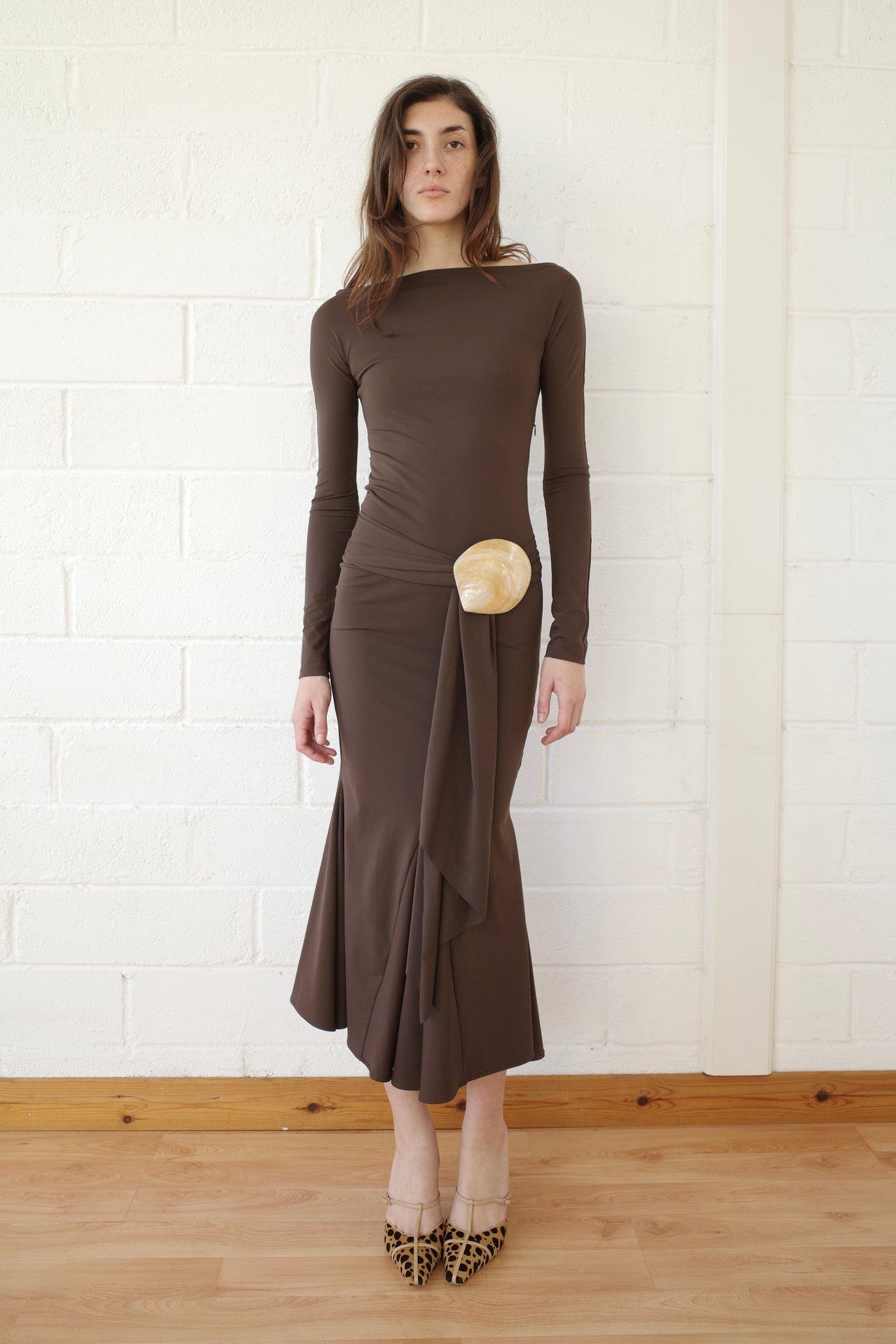 The Recycled Spandex Shell Belt Long Sleeve Dress - Brown