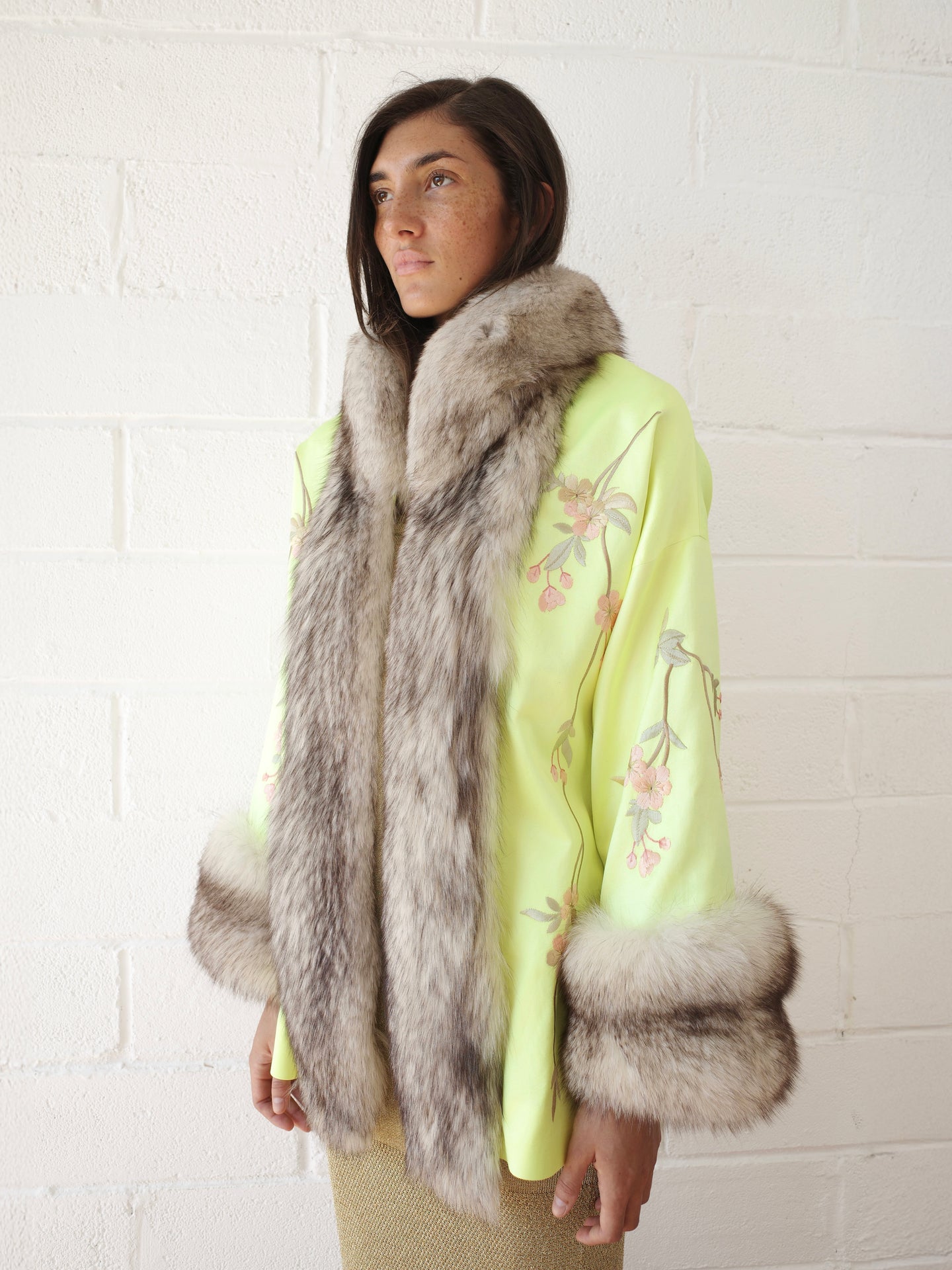 The Demi Couture Reconstituted Vintage Fur and Silk Robe - Neon Yellow