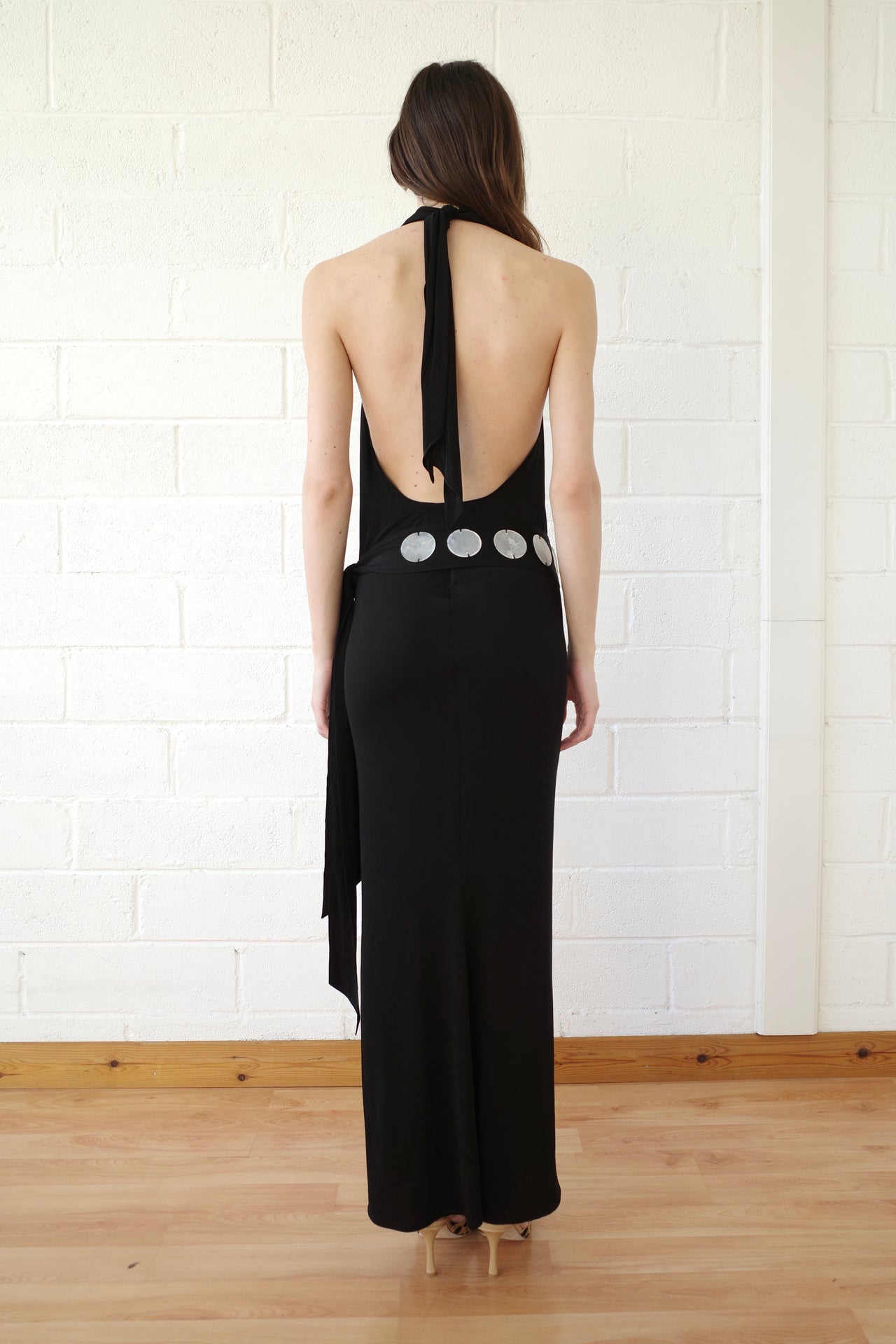 The Jersey Halter Maxi dress with Mother of Pearl Paillete Sash Belt