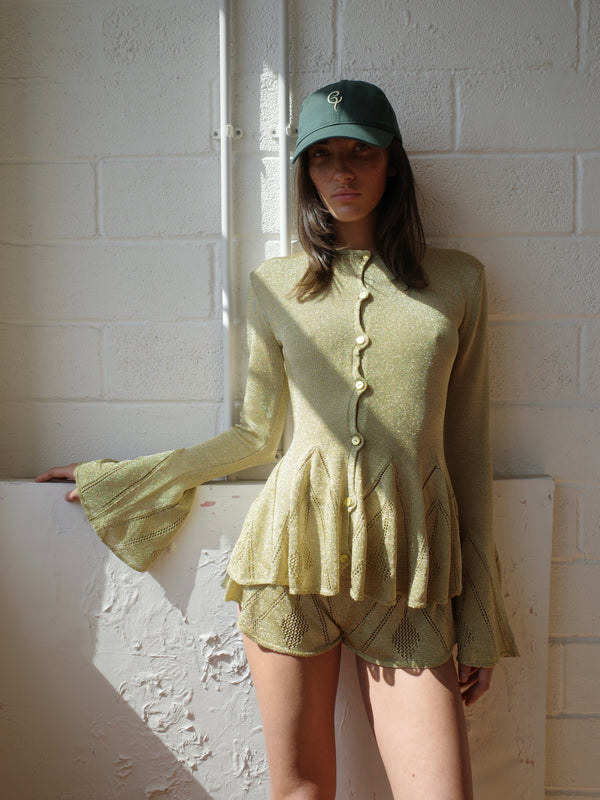 The Knit Pointelle Godet Shorts - Gold