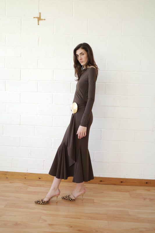 The Recycled Spandex Shell Belt Long Sleeve Dress - Brown