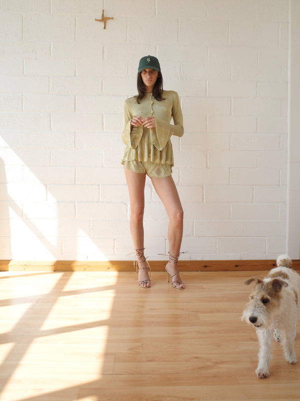 The Knit Pointelle Godet Cardigan - Gold