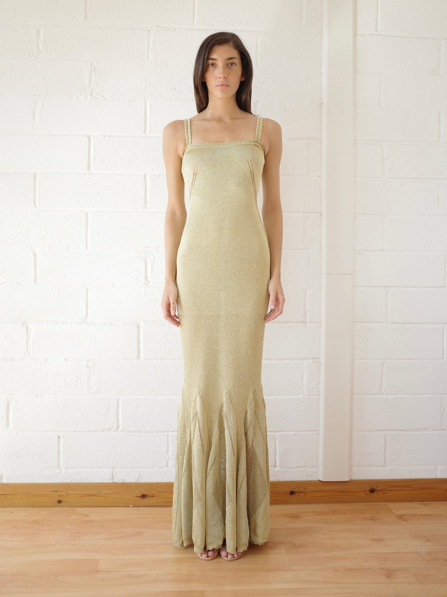 The Knit Pointelle Godet Gown - Gold