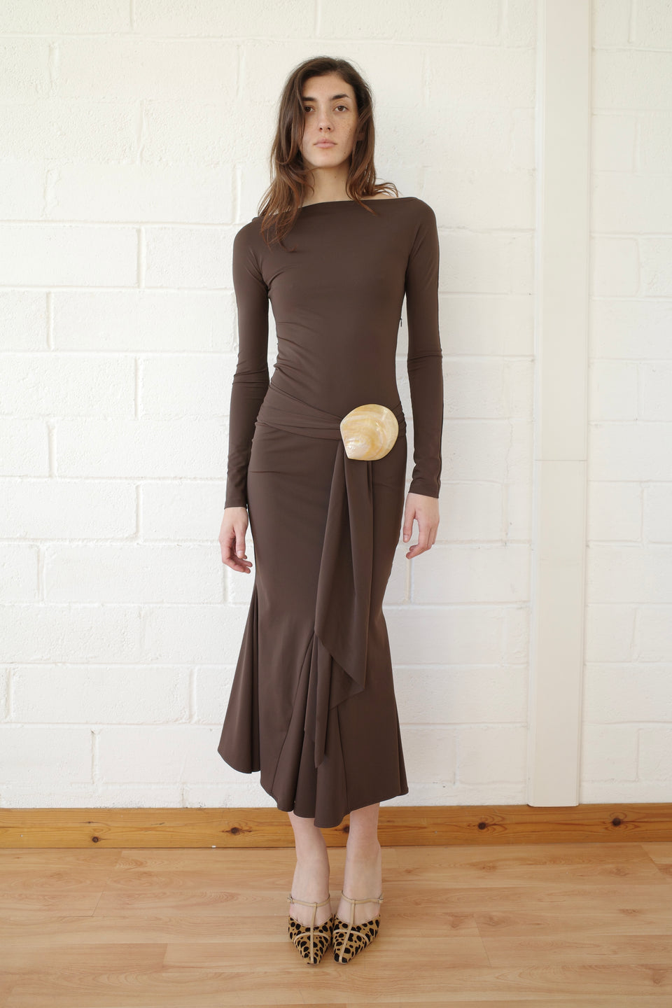 The Recycled Spandex Shell Belt Long Sleeve Dress - Brown