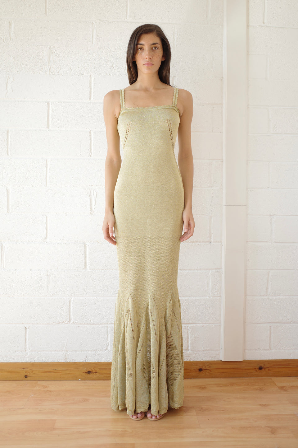 The Knit Pointelle Godet Gown - Gold