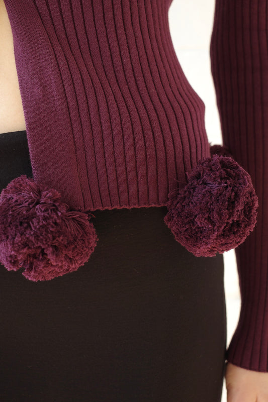 The Pom Pom Cardigan - Burgundy