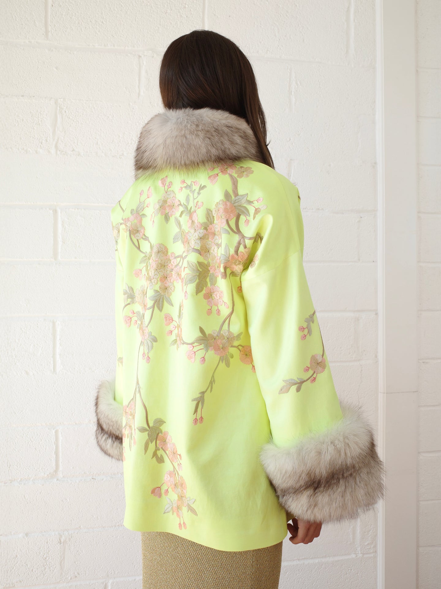 The Demi Couture Reconstituted Vintage Fur and Silk Robe - Neon Yellow