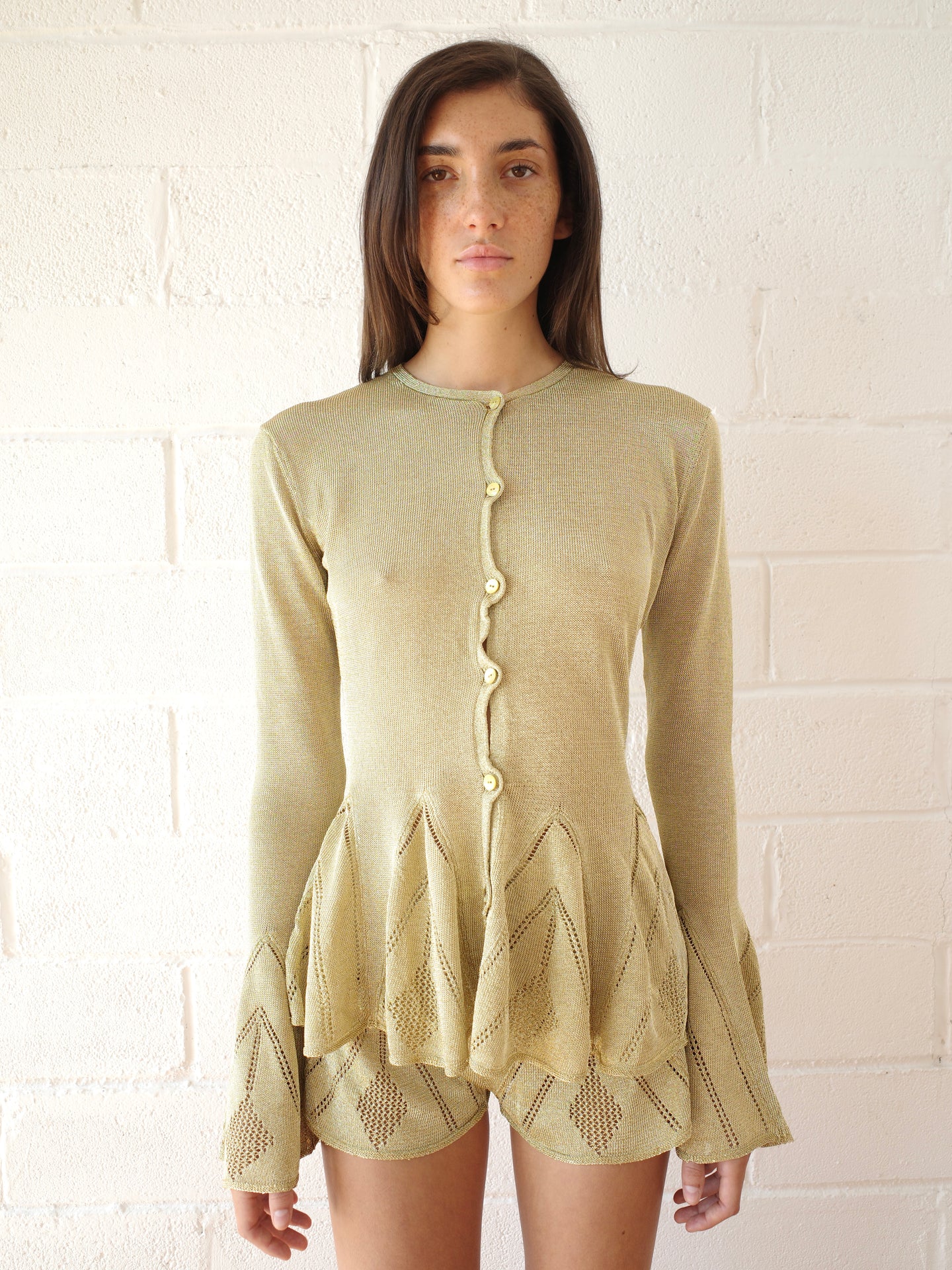 The Knit Pointelle Godet Cardigan - Gold