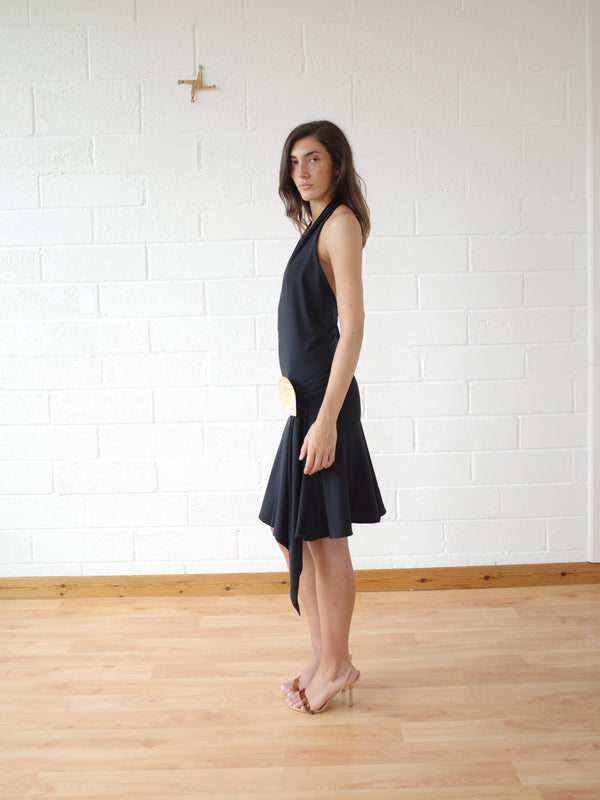 The Recycled Spandex Shell Belt Midi Dress - Black