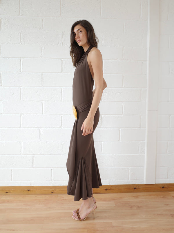 The Recycled Spandex Shell Belt Maxi Dress - Chocolate