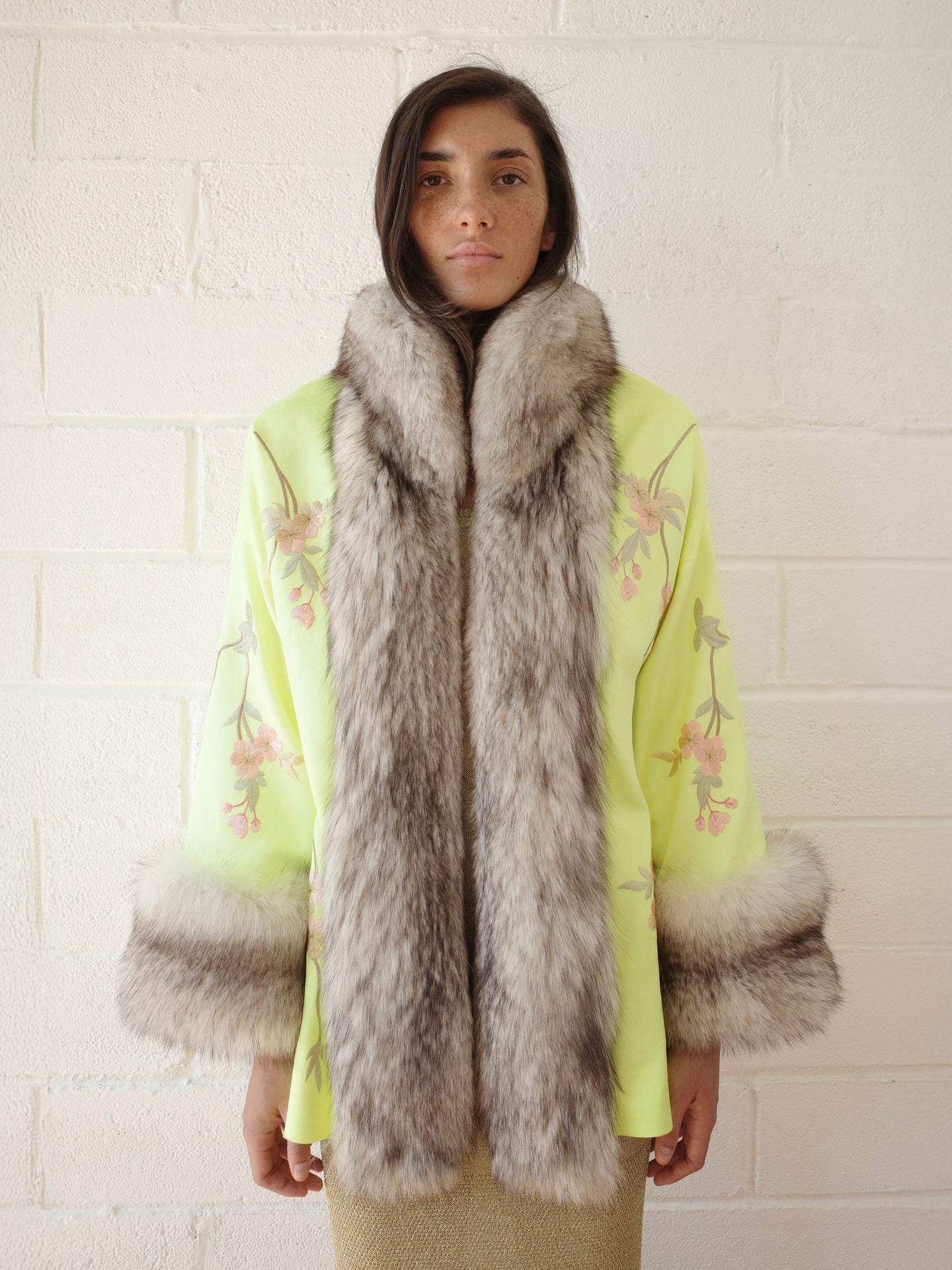 The Demi Couture Reconstituted Vintage Fur and Silk Robe - Neon Yellow