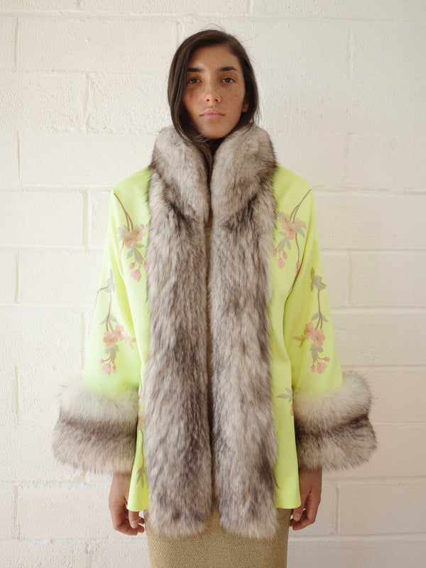 The Demi Couture Reconstituted Vintage Fur and Silk Robe - Neon Yellow