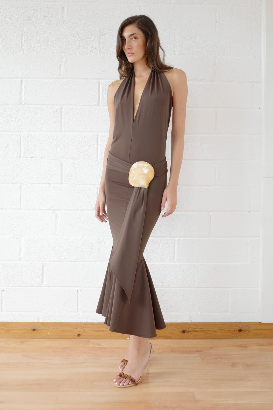 The Recycled Spandex Shell Belt Maxi Dress - Chocolate