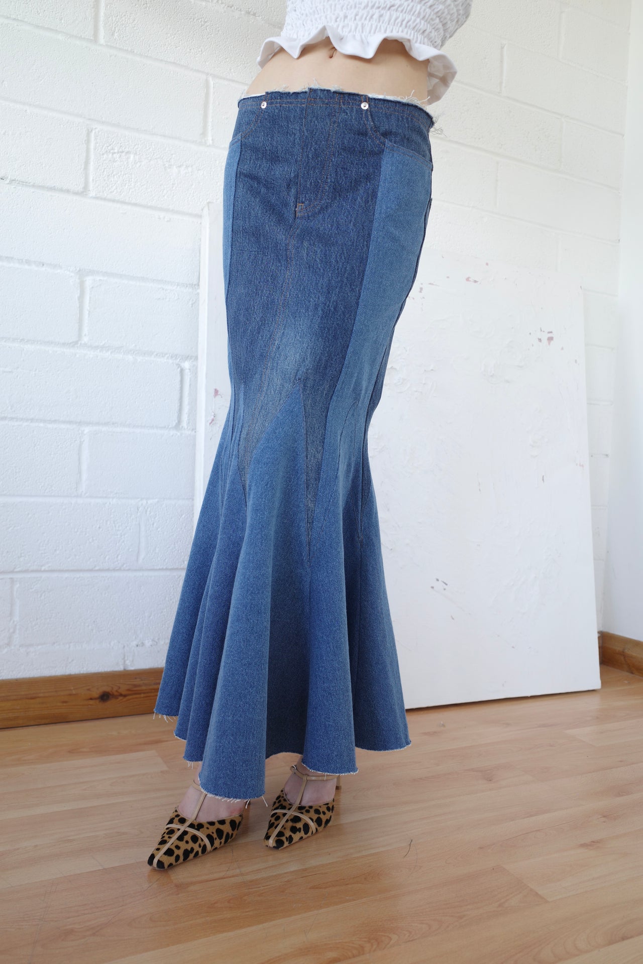 The Reconstituted Denim Godet Maxi Skirt