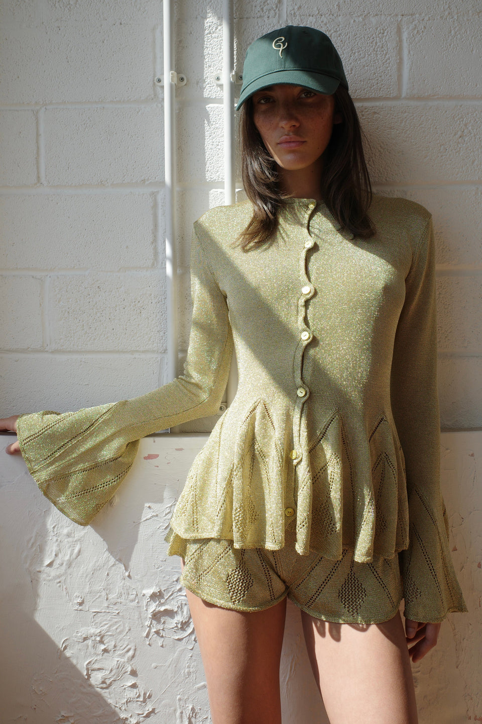 The Knit Pointelle Godet Cardigan - Gold