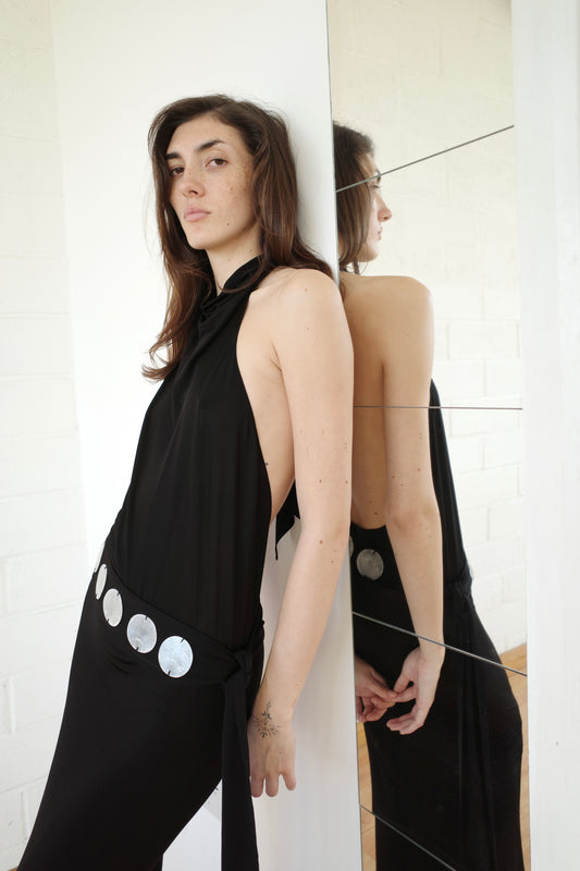 The Jersey Halter Maxi dress with Mother of Pearl Paillete Sash Belt