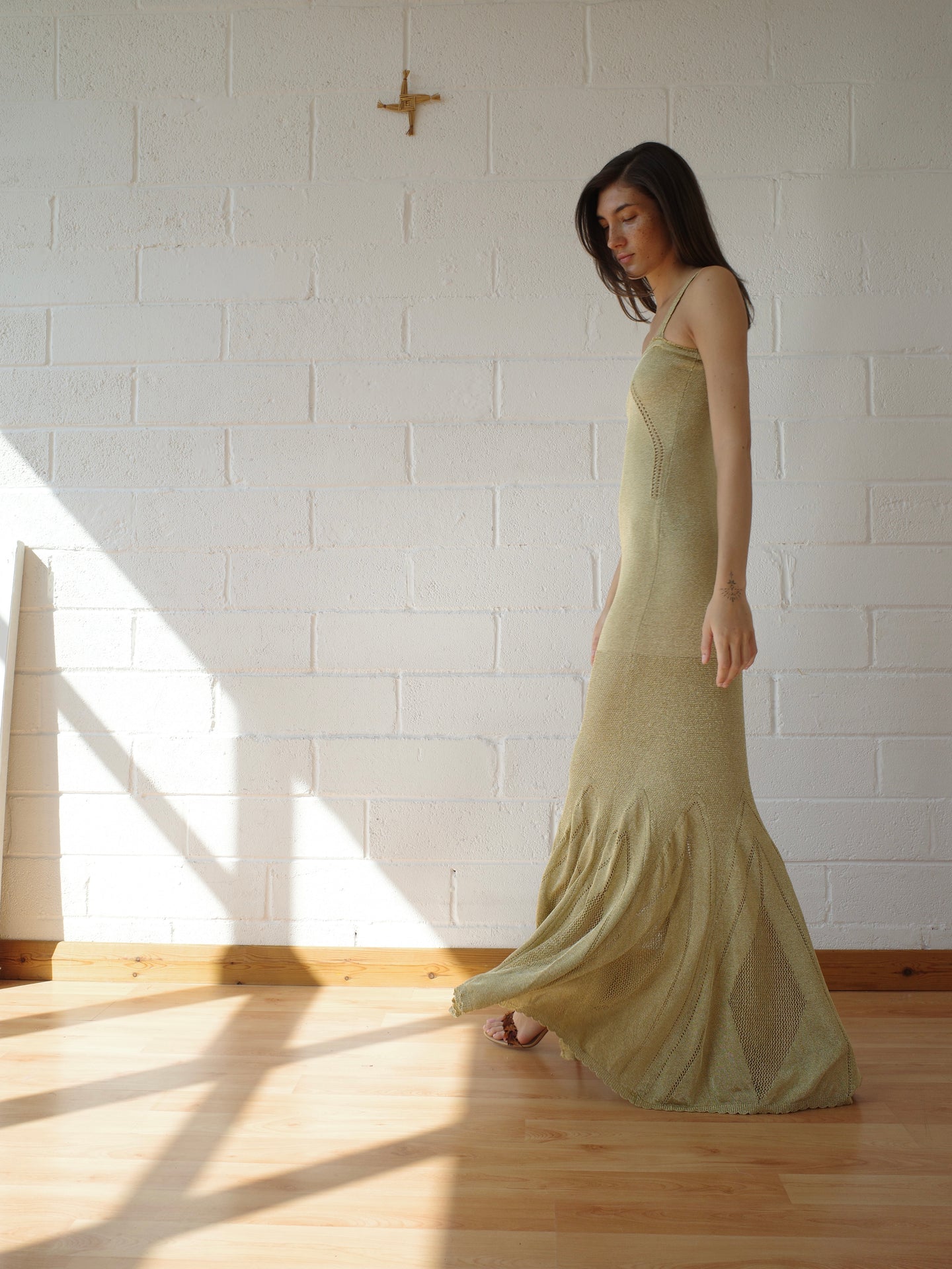 The Knit Pointelle Godet Gown - Gold