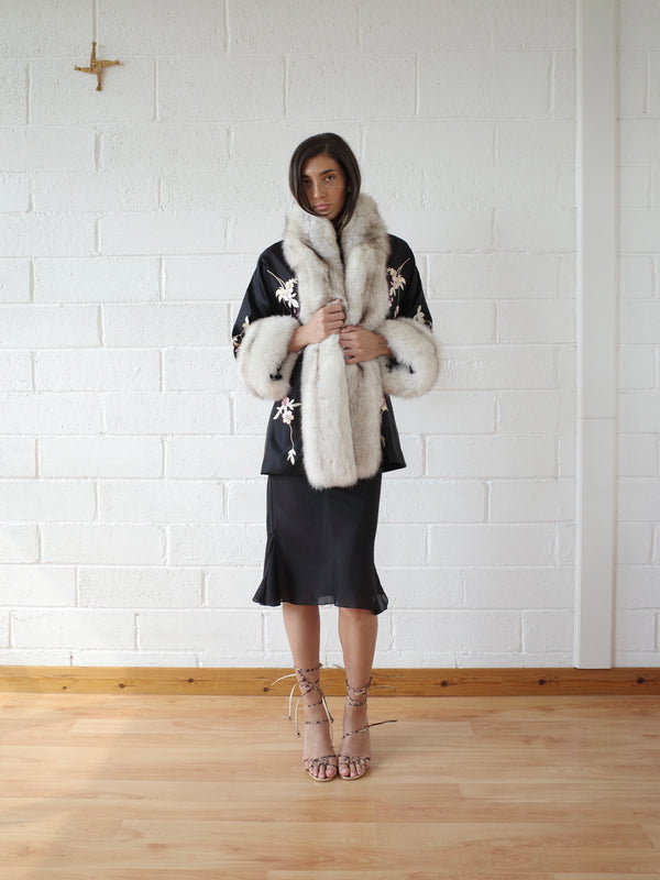 The Demi Couture Reconstituted Vintage Fur and Silk Robe - Black