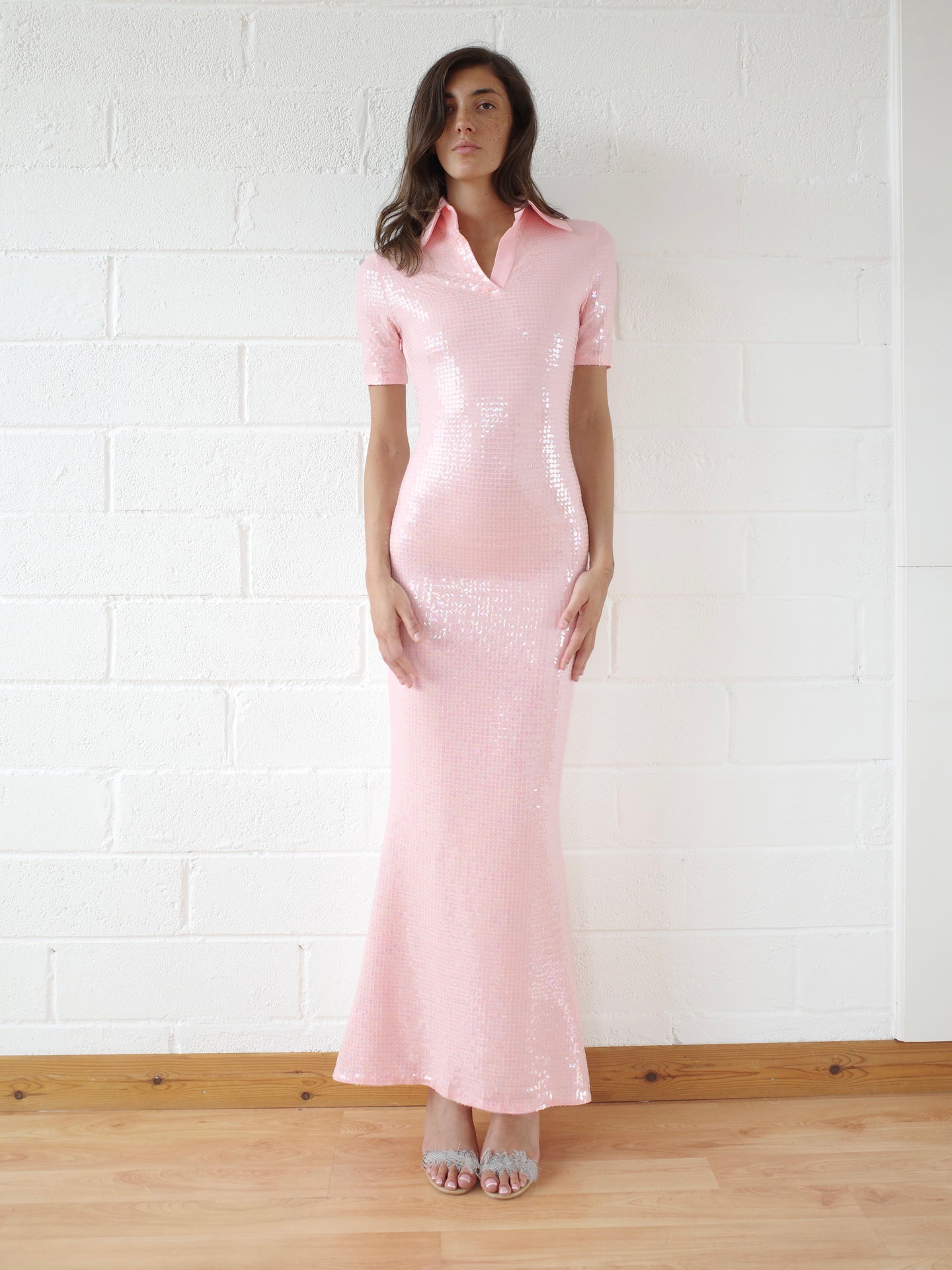 The Short Sleeve Sequin Jersey Polo Maxi Dress