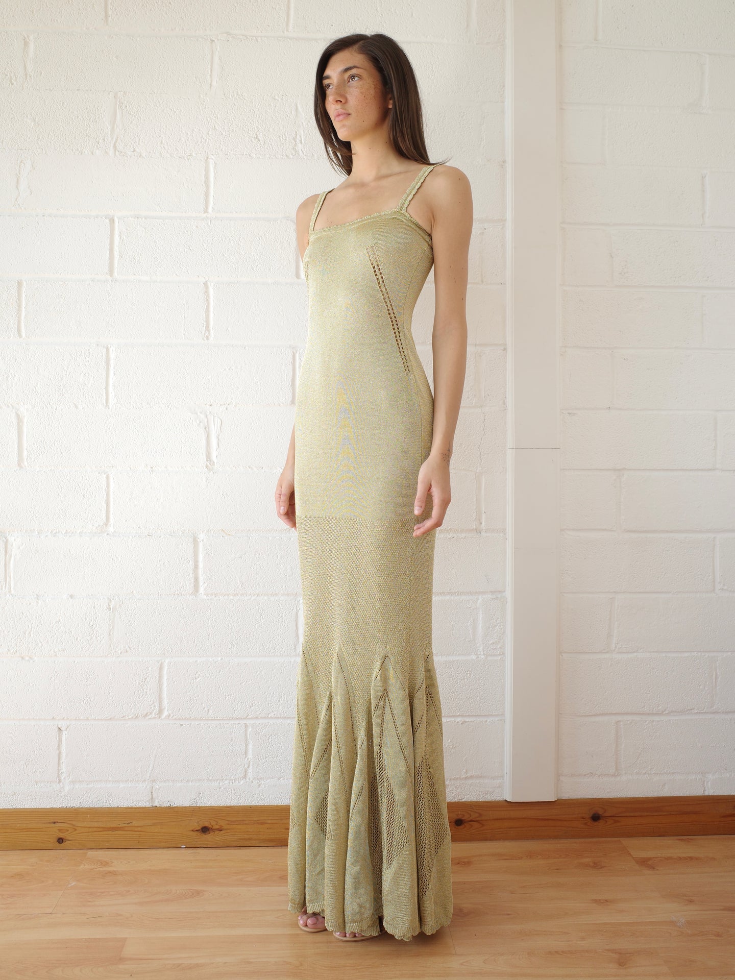 The Knit Pointelle Godet Gown - Gold